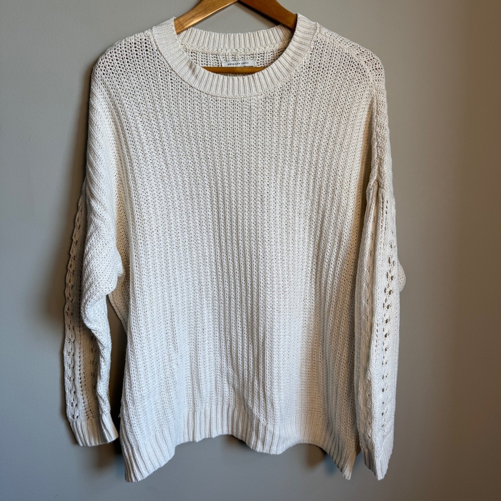 American Eagle Semi-Sheer Knit Sweater Long Sleeve Open Knit Cream Large Casual